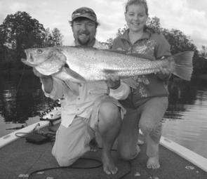 The author with Helen and the 11.77kg mulloway she caught in Narooma's Wagonga Inlet on a soft plastic. It was Helen’s first fish on a softie – not a bad way to open your account!